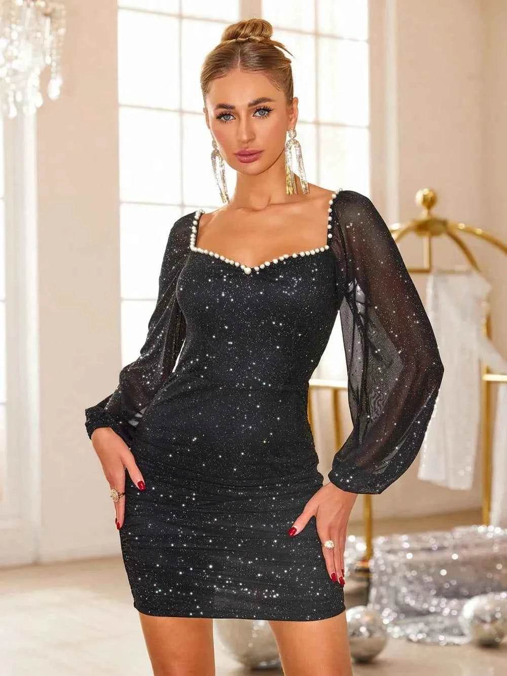 Pearl Trim Sweetheart Neck Long Sleeve Mini Dress for a perfect OOTD – dress to impress outfits from Amexza