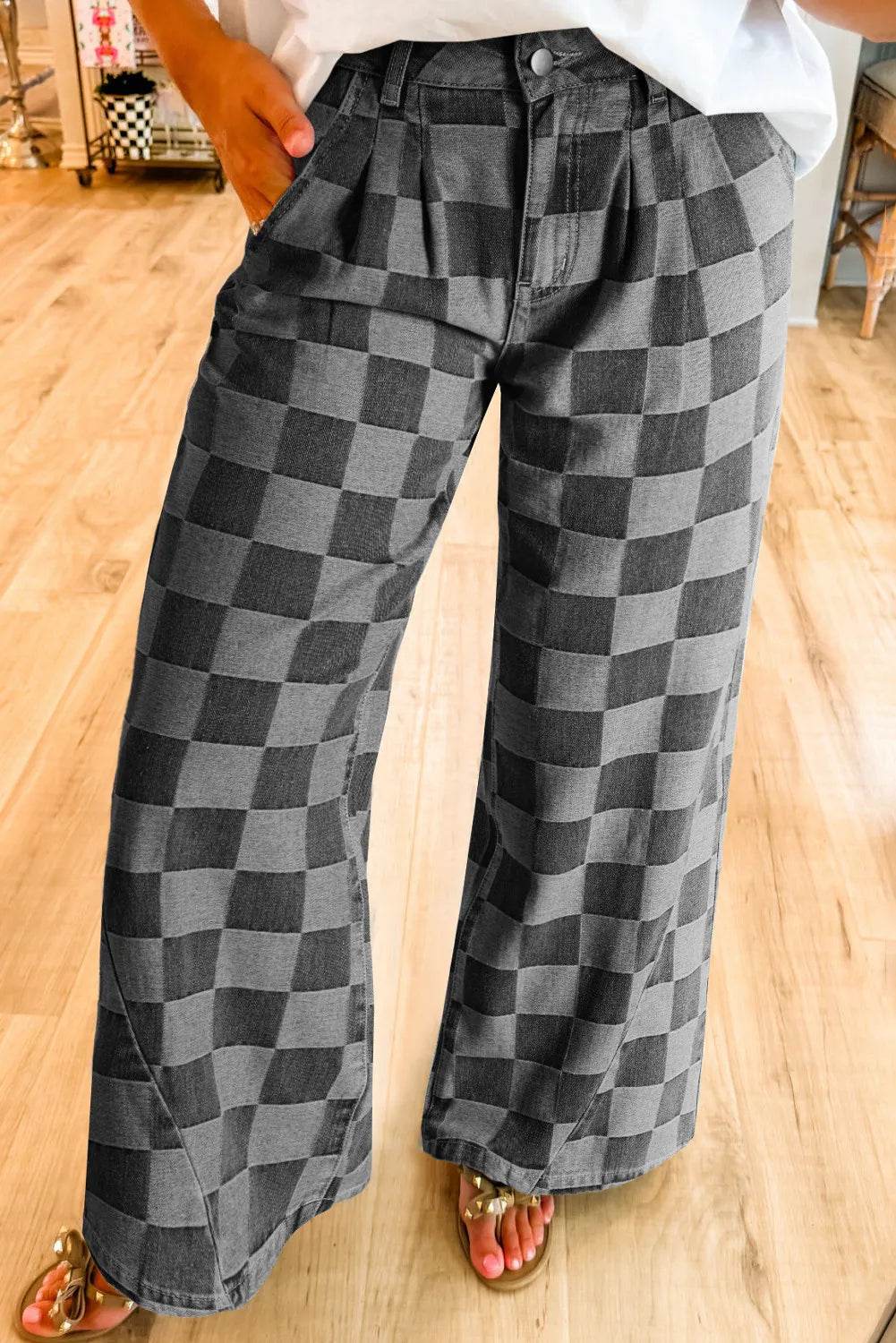 Checkered Wide Leg Jeans with Pockets - Amexza