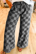 Checkered Wide Leg Jeans with Pockets - Amexza