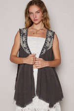 POL Embroidered Pearls Open Front Sleeveless Cardigan - Amexza