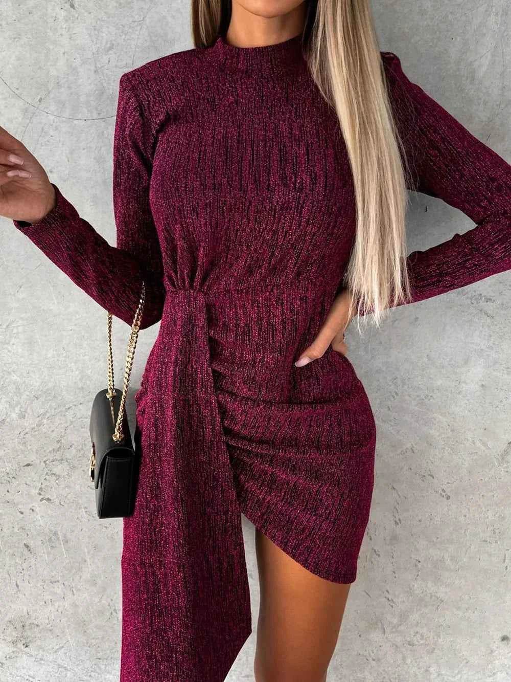 Heathered Mock Neck Long Sleeve Mini Dress Cerise for a perfect OOTD – dress to impress outfits from Amexza