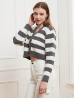 Button Down V-Neck Striped Cardigan - Amexza