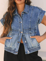 Button Up Cap Sleeve Denim Jacket - Amexza