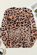 Leopard Round Neck Long Sleeve Blouse - Amexza