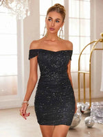 Glitter Ruched Off-Shoulder Mini Dress for a perfect OOTD – dress to impress outfits from Amexza