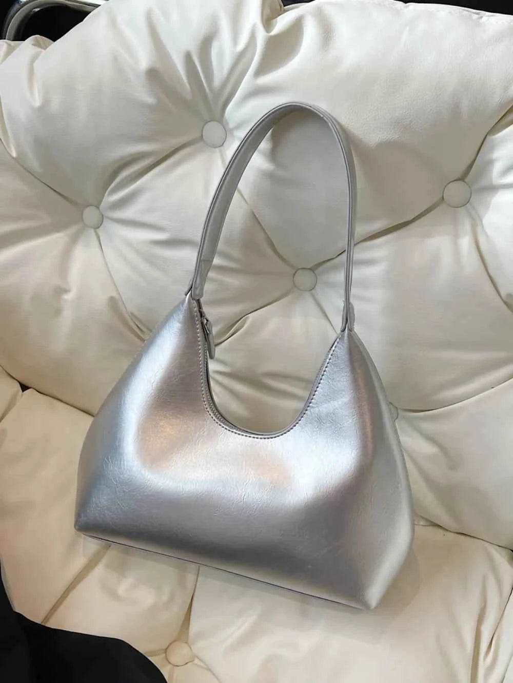 PU Leather Shoulder Bag with Zip Silver One Size for a perfect OOTD – dress to impress outfits from Amexza