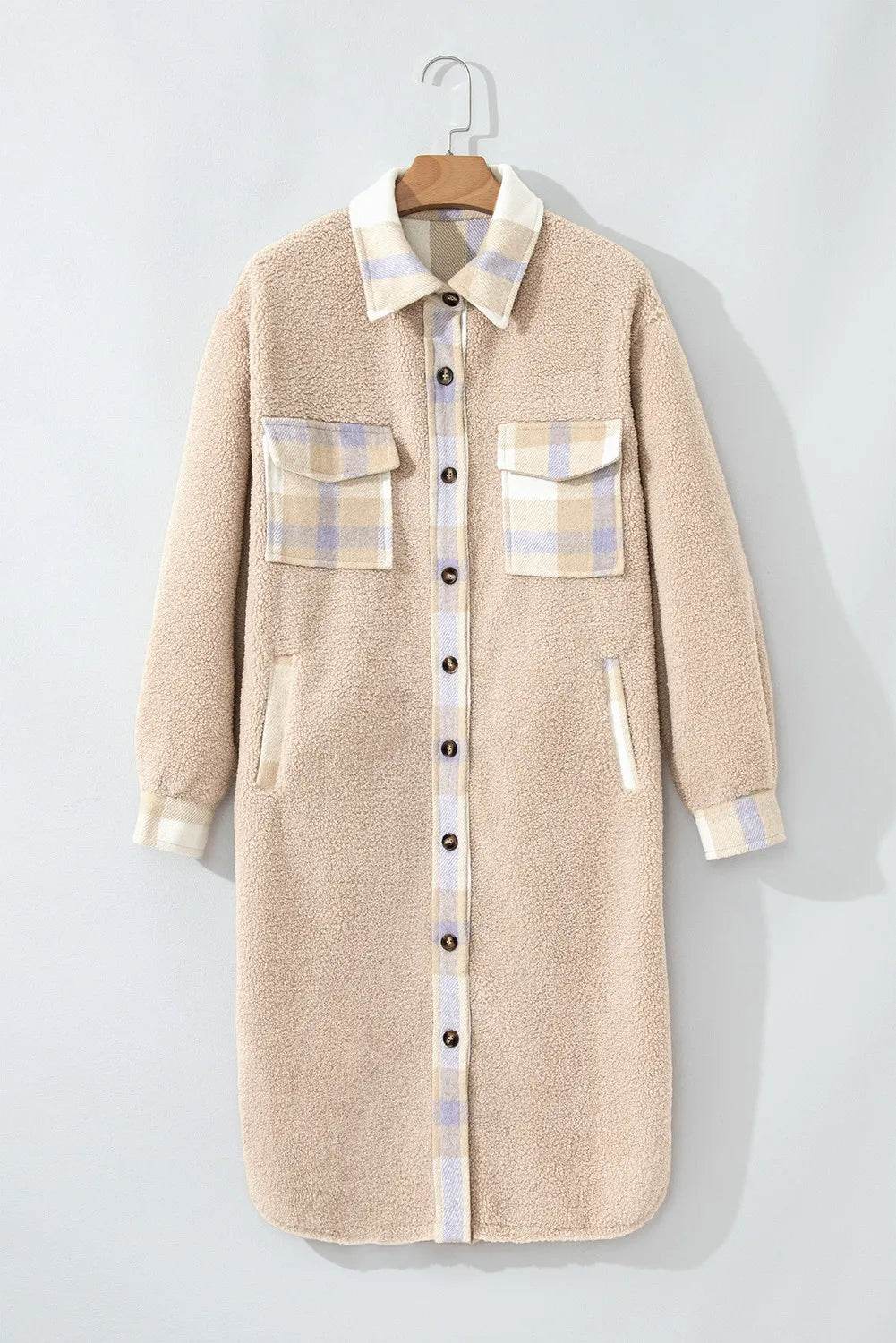 Slit Plaid Button Down Long Sleeve Coat - Amexza