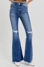 RISEN Full Size High Rise Distressed Raw Hem Flare Jeans - Amexza