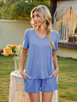 V-Neck Short Sleeve Top and Pocketed Shorts Lounge Set Blue for a perfect OOTD – dress to impress outfits from Amexza