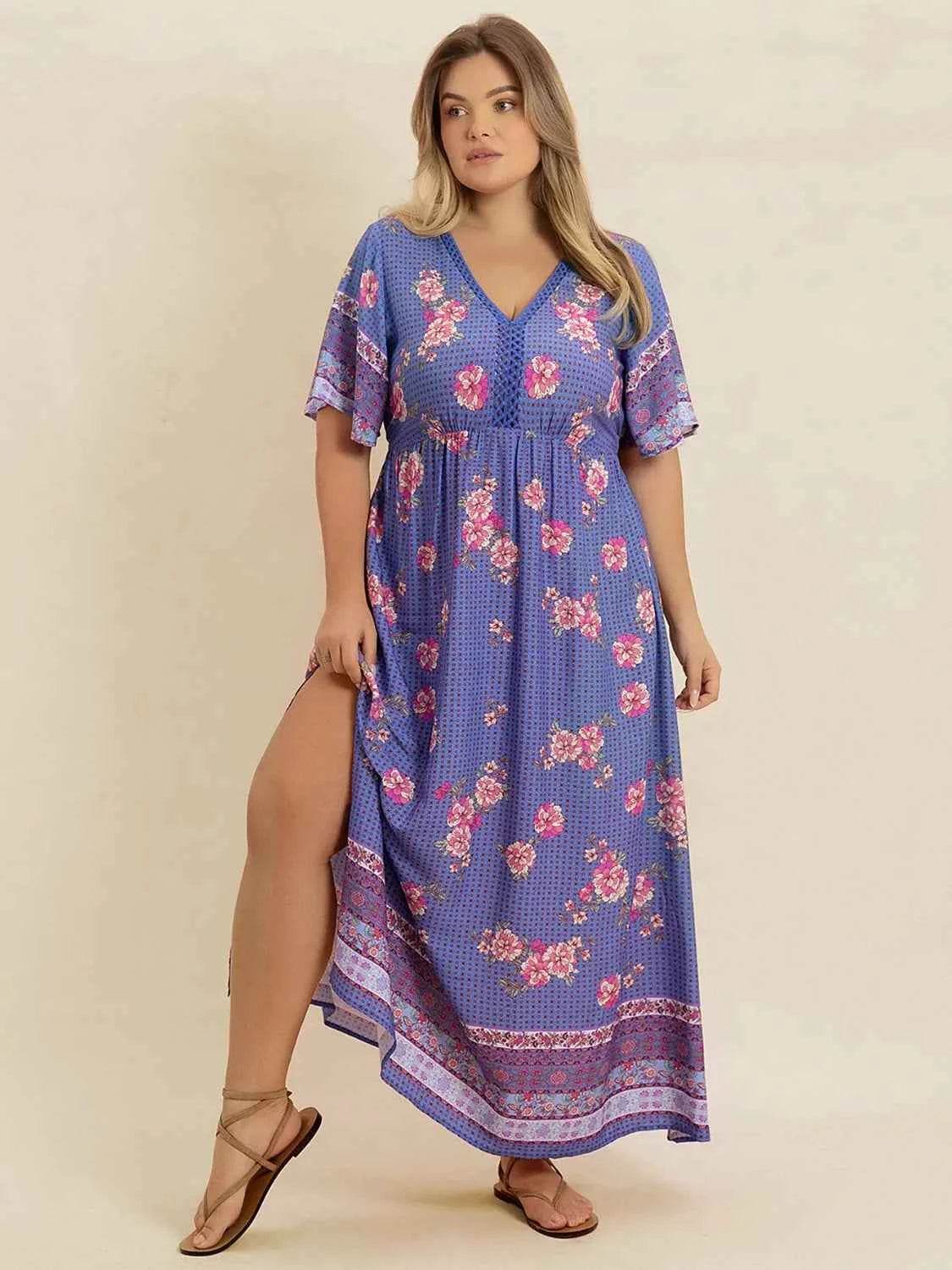 Plus Size Printed V-Neck Flutter Sleeve Dress for a perfect OOTD – dress to impress outfits from Amexza