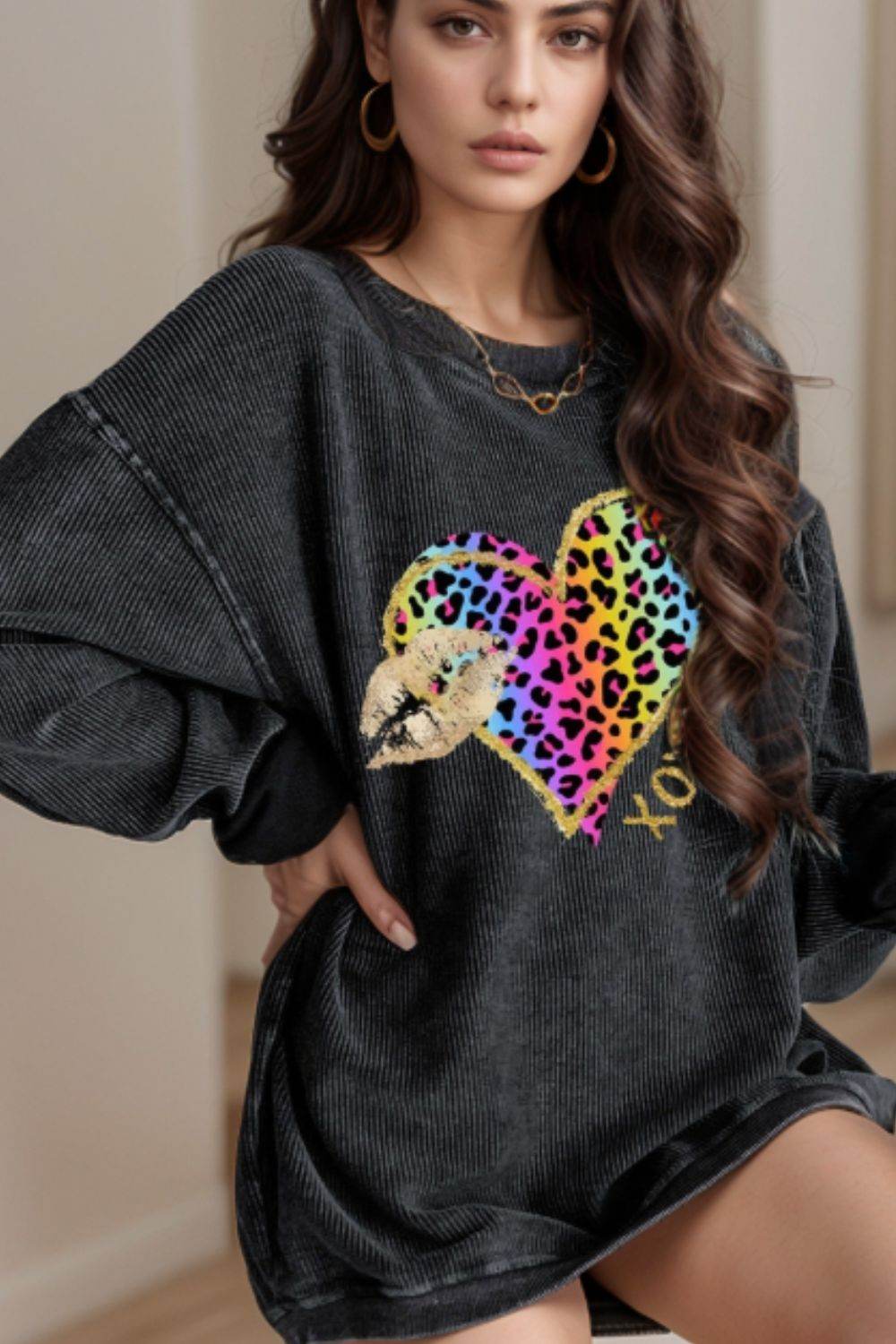 Leopard Heart Drop Shoulder Long Sleeve Sweatshirt Dark Gray for a perfect OOTD – dress to impress outfits from Amexza