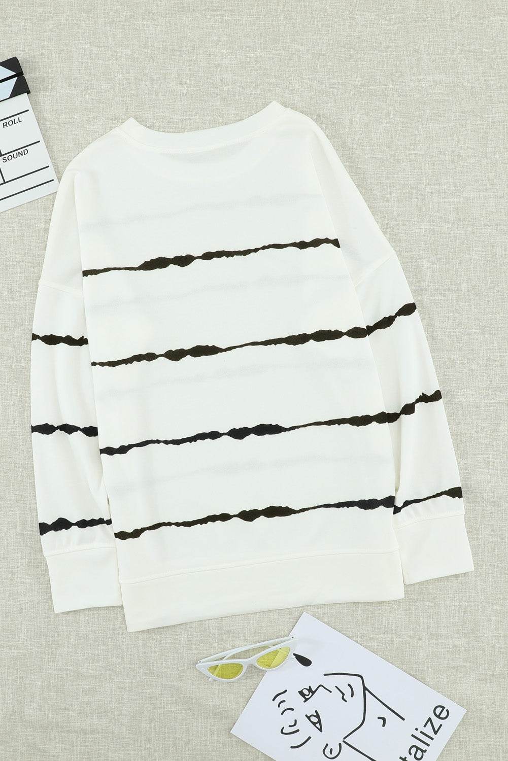 Slit Contrast Striped Round Neck Long Sleeve T-Shirt - Amexza