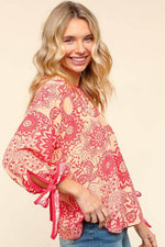 Haptics Ribbon Bow Detail Floral Round Neck Blouse - Amexza