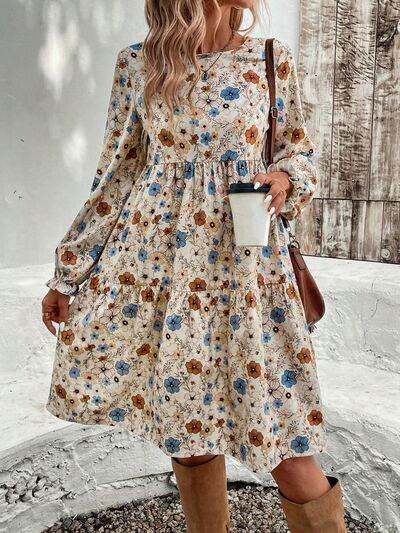 Tiered Floral Round Neck Long Sleeve Dress Tan for a perfect OOTD – dress to impress outfits from Amexza