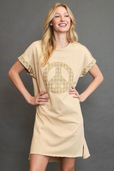 Umgee Peace Plaid Applique Short Sleeve Mini Dress Pastel Yellow for a perfect OOTD – dress to impress outfits from Amexza