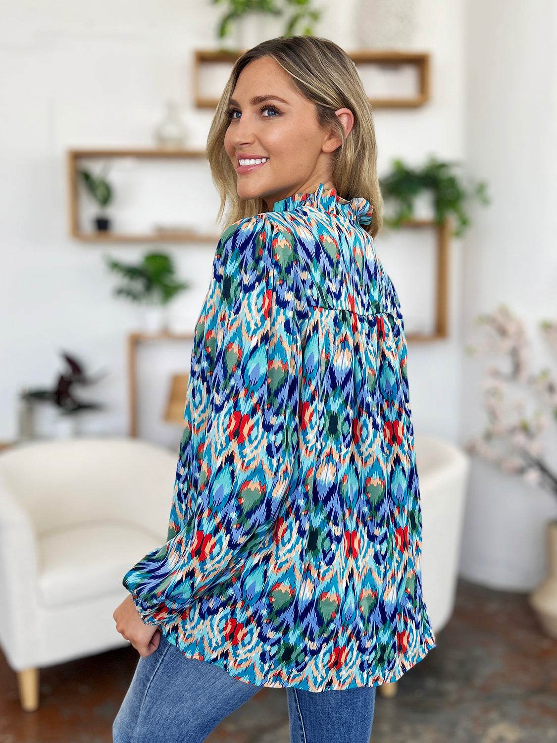 Double Take Full Size Printed Balloon Sleeve Blouse - Amexza