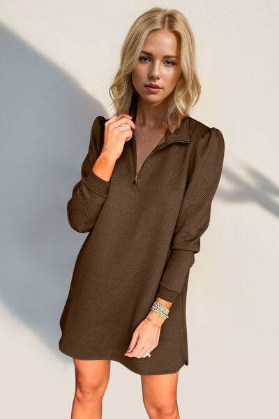 Double Take Textured Quarter Zip Long Sleeve Dress for a perfect OOTD – dress to impress outfits from Amexza