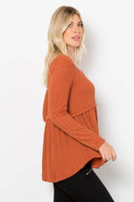 Be Stage Full Size Texture Babydoll Round Neck Long Sleeve Knit Top for a perfect OOTD – dress to impress outfits from Amexza