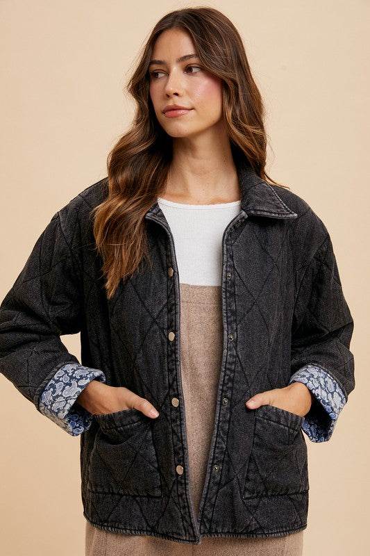 Annie Wear Quilted Printed Lining Snap Down Denim Jacket - Amexza