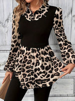Leopard Collared Neck Balloon Sleeve Blouse - Amexza