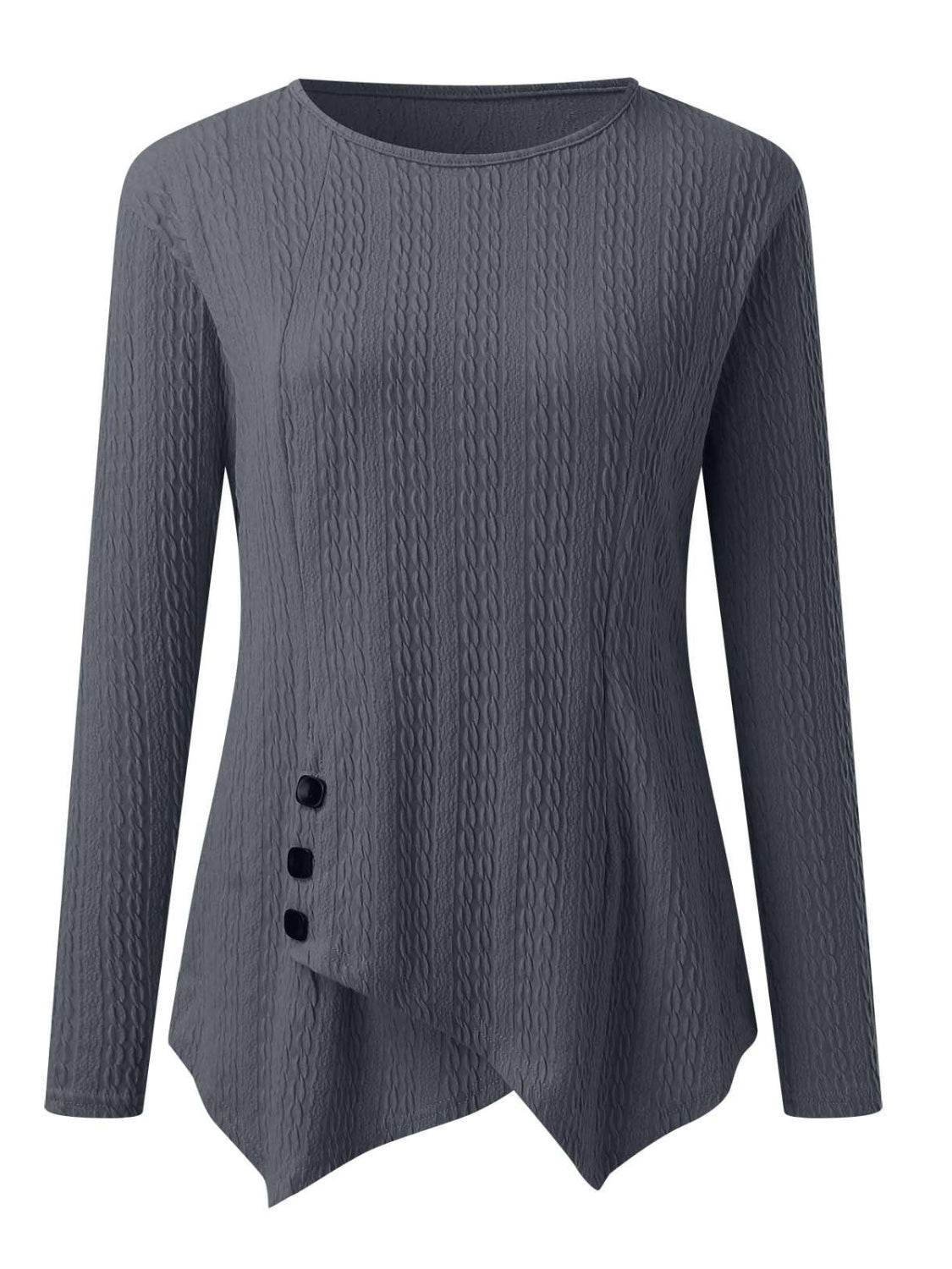 Decorative Button Round Neck Long Sleeve Top - Amexza