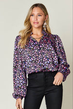 Double Take Full Size Printed Balloon Sleeve Shirt - Amexza