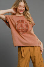Umgee Peace Applique Round Neck French Terry Top - Amexza