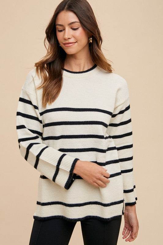 Annie Wear Side Slit Striped Round Neck Sweater Ivory for a perfect OOTD – dress to impress outfits from Amexza