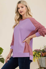 Celeste Full Size High-Low Contrast Round Neck Sweatshirt for a perfect OOTD – dress to impress outfits from Amexza