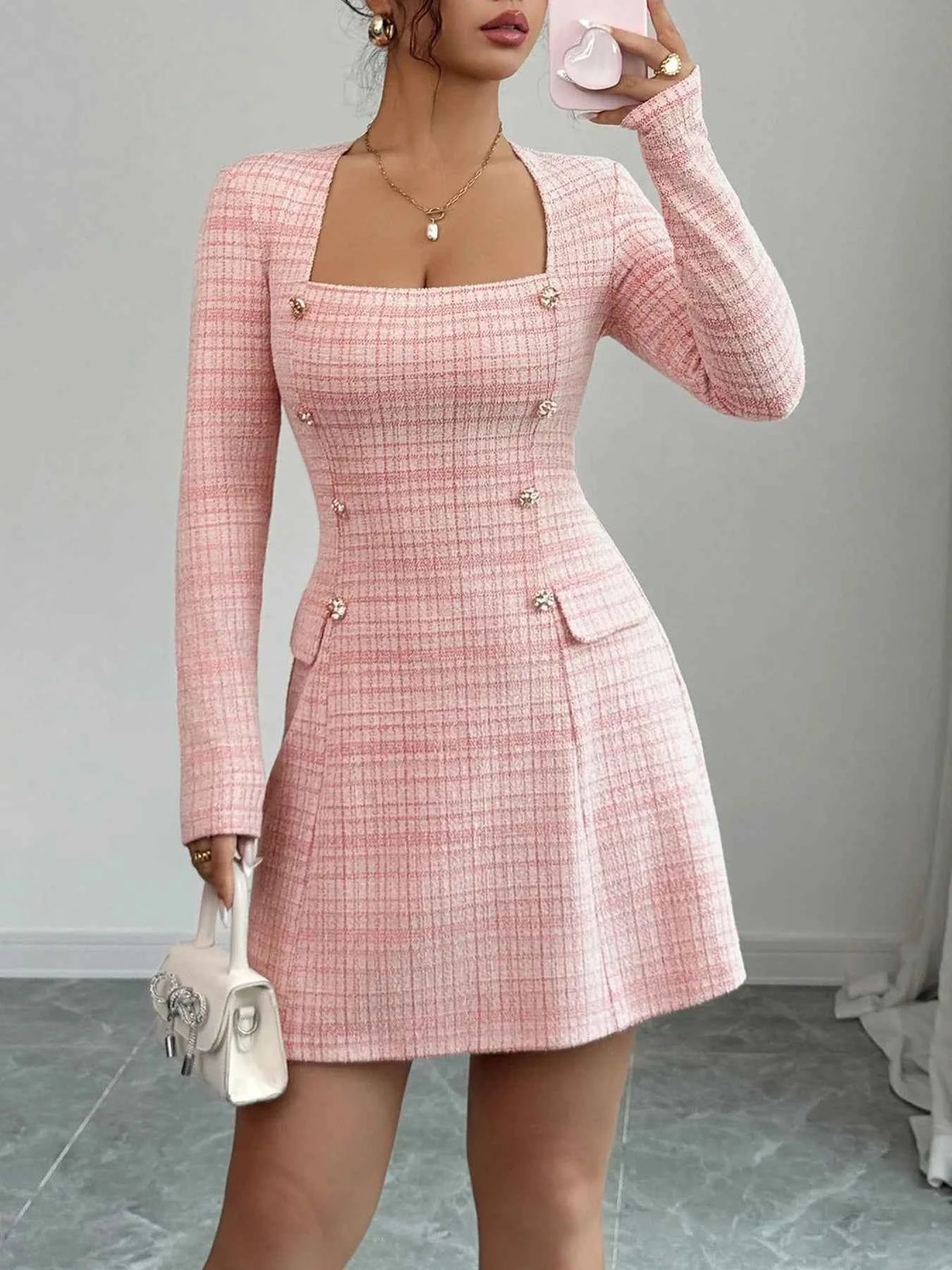 Square Neck Long Sleeve Dress