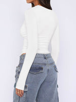 Ruched Asymmetrical Neck Long Sleeve T-Shirt - Amexza