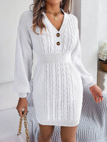 Buttoned Cable-Knit V-Neck Sweater Dress White for a perfect OOTD – dress to impress outfits from Amexza