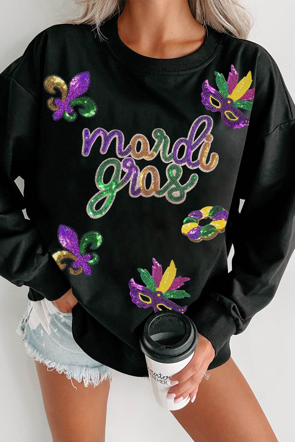 MARDI GRAS Sequin Round Neck Sweatshirt Black for a perfect OOTD – dress to impress outfits from Amexza