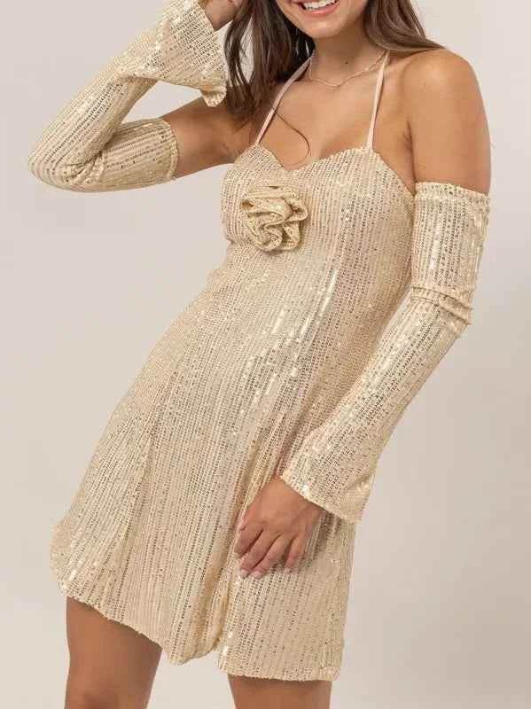 HYFVE Sequin Rosette Halter Mini Dress BEIGE for a perfect OOTD – dress to impress outfits from Amexza