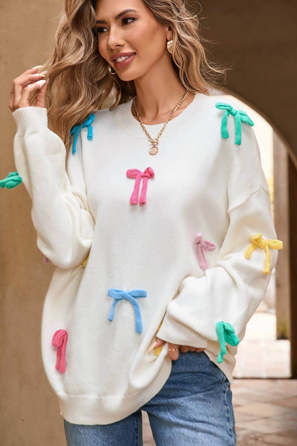 Contrast Bow Round Neck Dropped Shoulder Sweater for a perfect OOTD – dress to impress outfits from Amexza