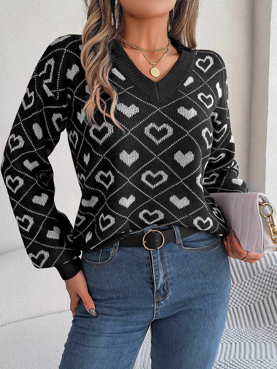 Heart Pattern V-Neck Long Sleeve Sweater Black for a perfect OOTD – dress to impress outfits from Amexza