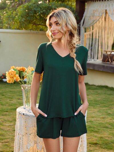 V-Neck Short Sleeve Top and Pocketed Shorts Lounge Set Dark Green for a perfect OOTD – dress to impress outfits from Amexza