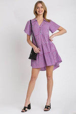 Umgee Full Size Gingham Tiered Button Detail Short Sleeve Dress Plus Size for a perfect OOTD – dress to impress outfits from Amexza