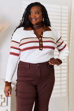 Basic Bae Striped Collared Neck Rib-Knit Top Beige for a perfect OOTD – dress to impress outfits from Amexza