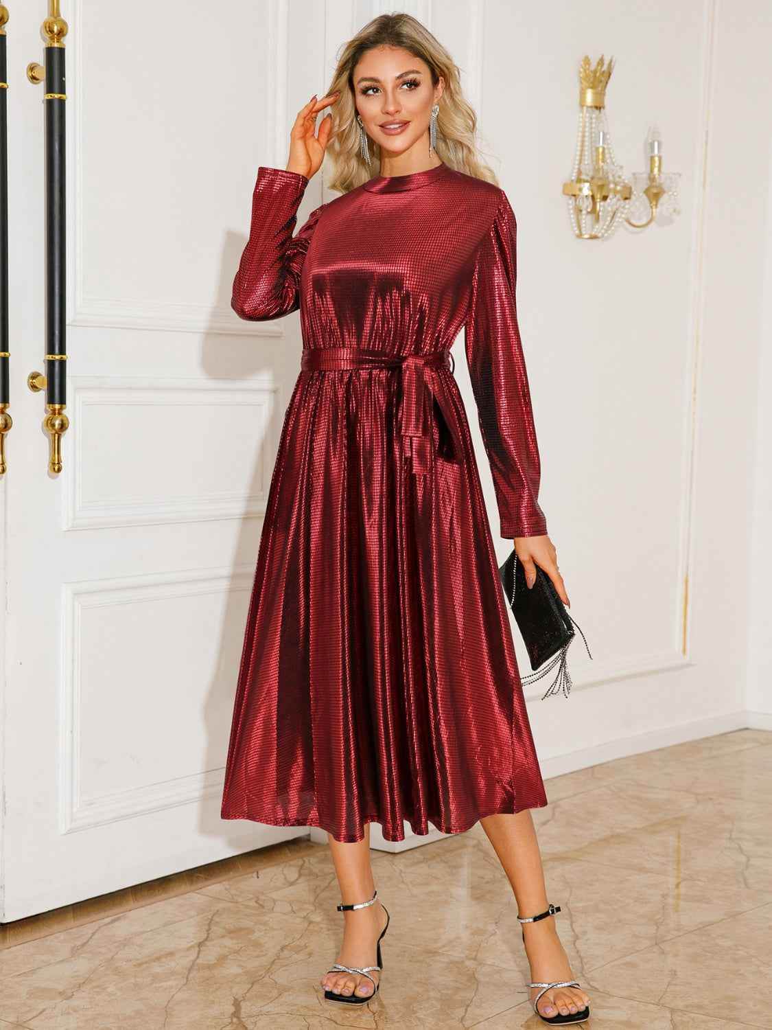 Tie Waist Long Sleeve Midi Dress - Amexza