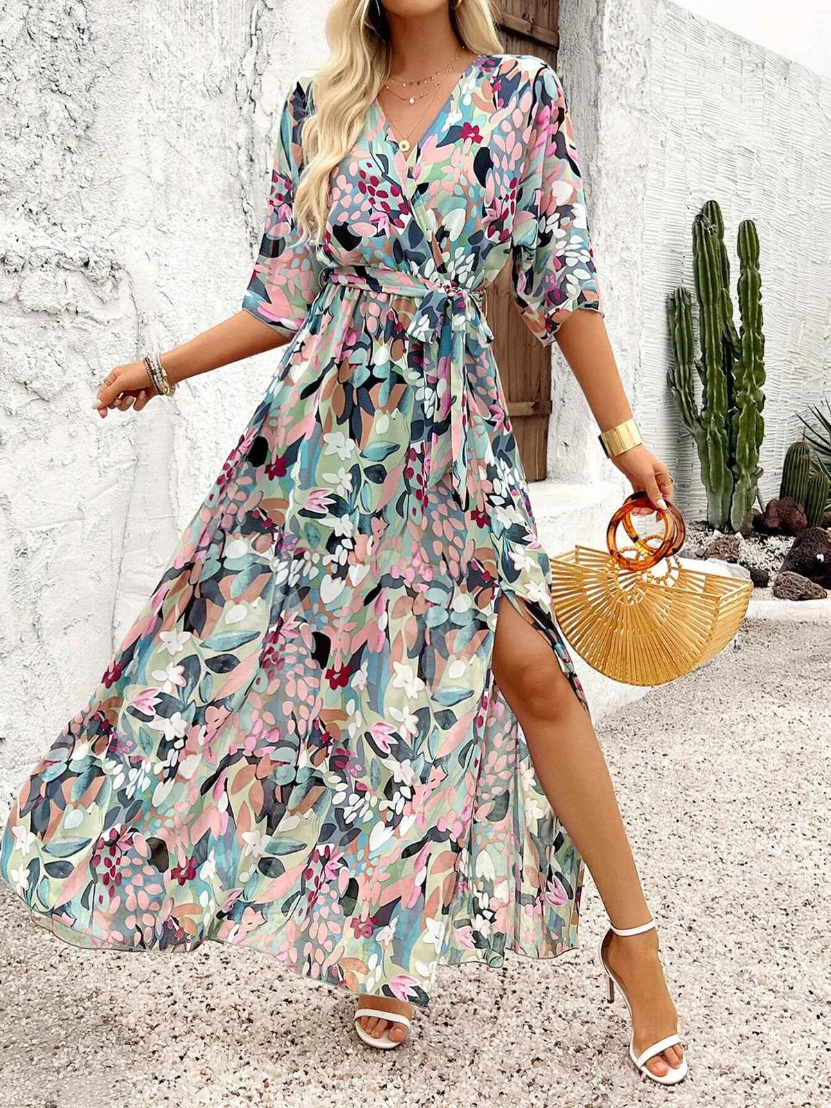 Slit Printed Surplice Half Sleeve Maxi Dress