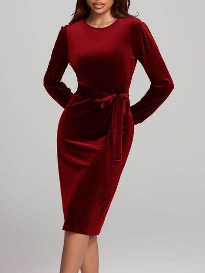 Round Neck Tie Waist Long Sleeve Velvet Dress for a perfect OOTD – dress to impress outfits from Amexza