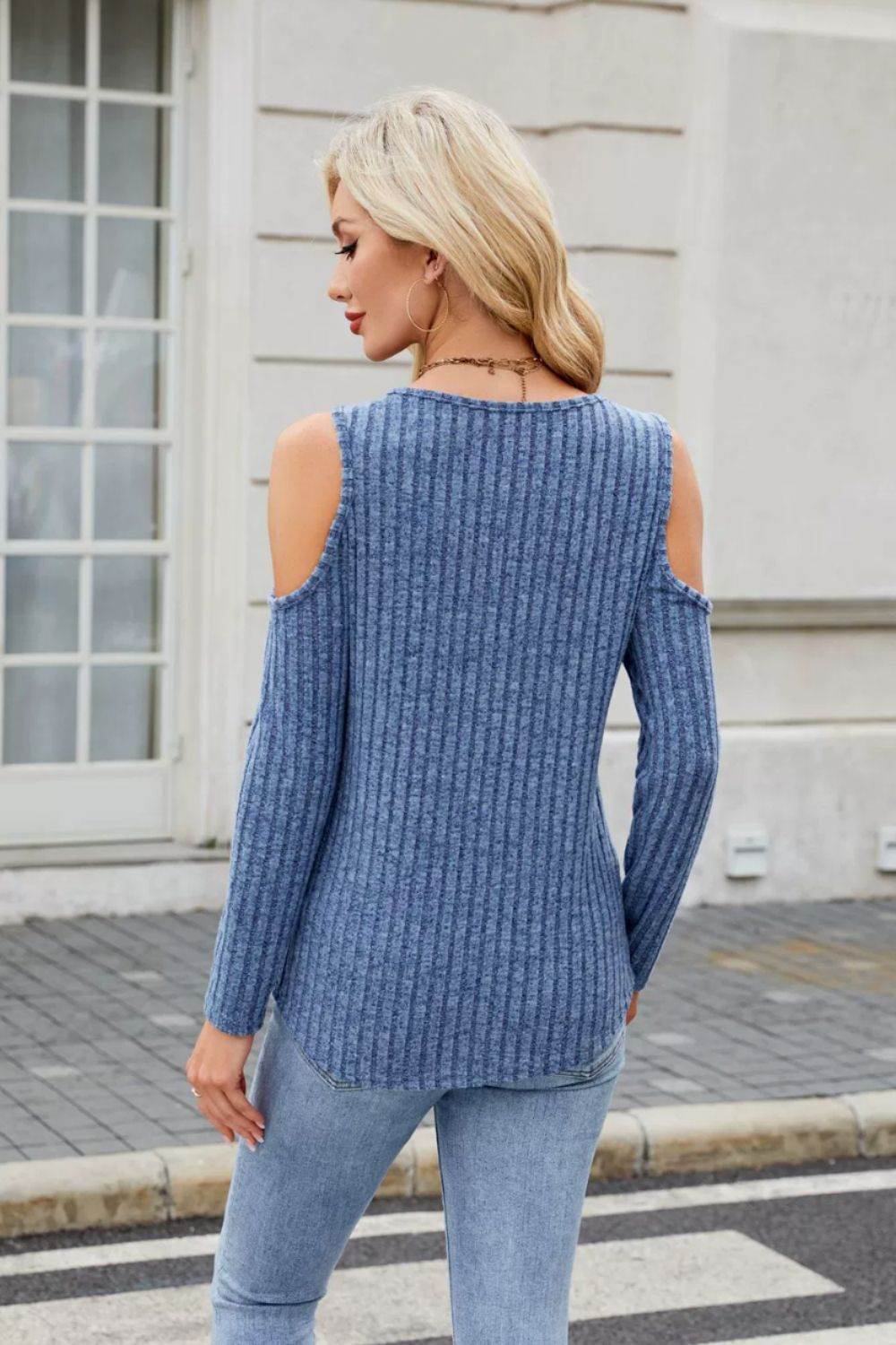 Ribbed Cold Shoulder Long Sleeve Top - Amexza