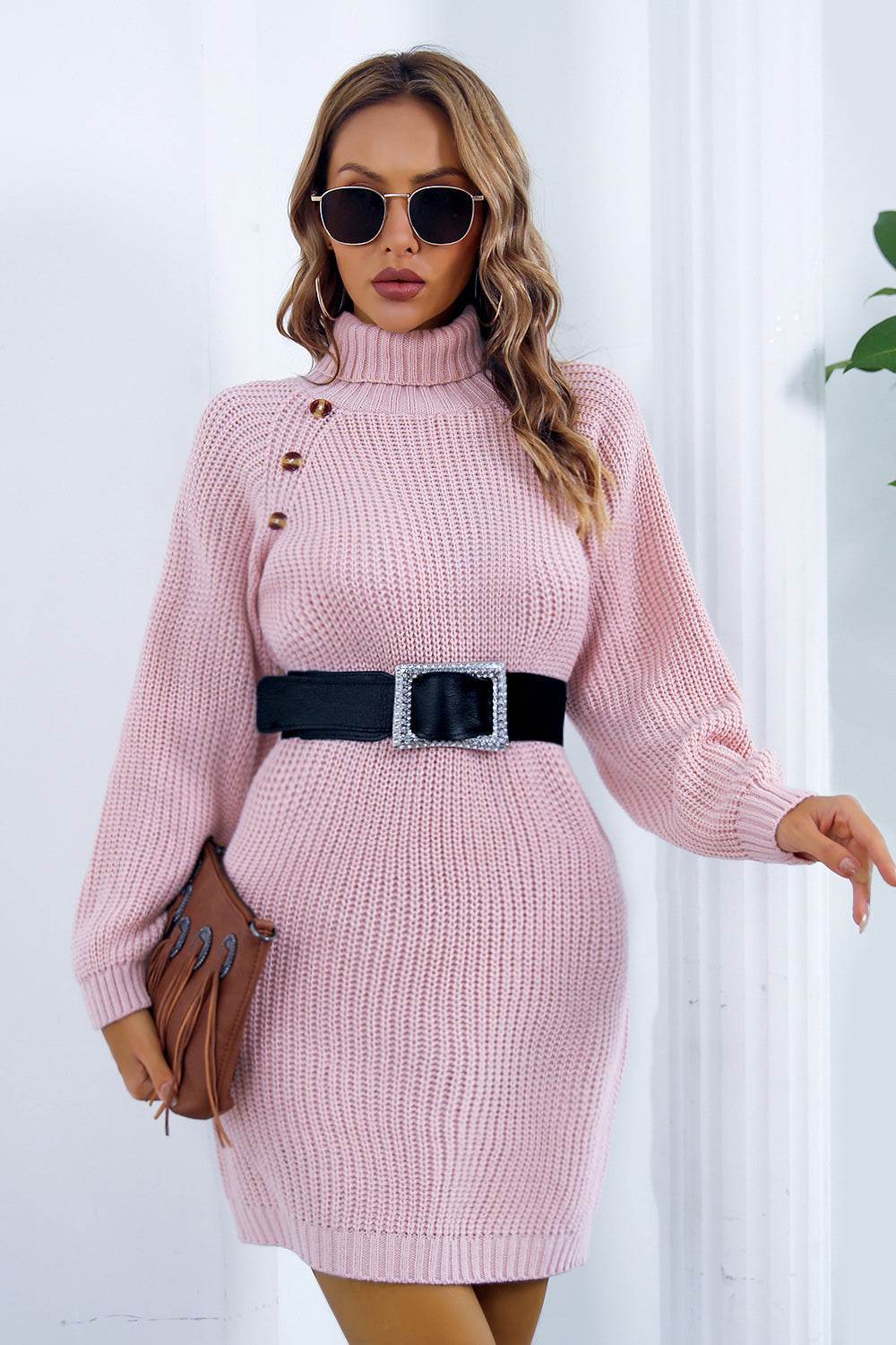 Buttoned Turtleneck Long Sleeve Sweater Dress for a perfect OOTD – dress to impress outfits from Amexza