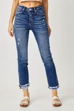 Risen Full Size High-Rise Frayed Cuffed Straight Jeans - Amexza