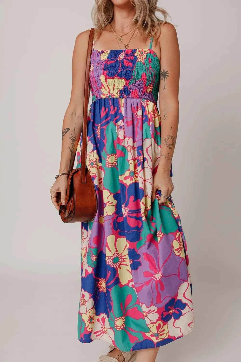 Floral Print Shirred Spaghetti Strap Loose Maxi Dress Purple for a perfect OOTD – dress to impress outfits from Amexza