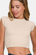 Zenana Ribbed Round Neck Cropped Top Sand Beige for a perfect OOTD – dress to impress outfits from Amexza