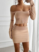 Devine Decorative Button Off-Shoulder Top and Skirt Set for a perfect OOTD – dress to impress outfits from Amexza