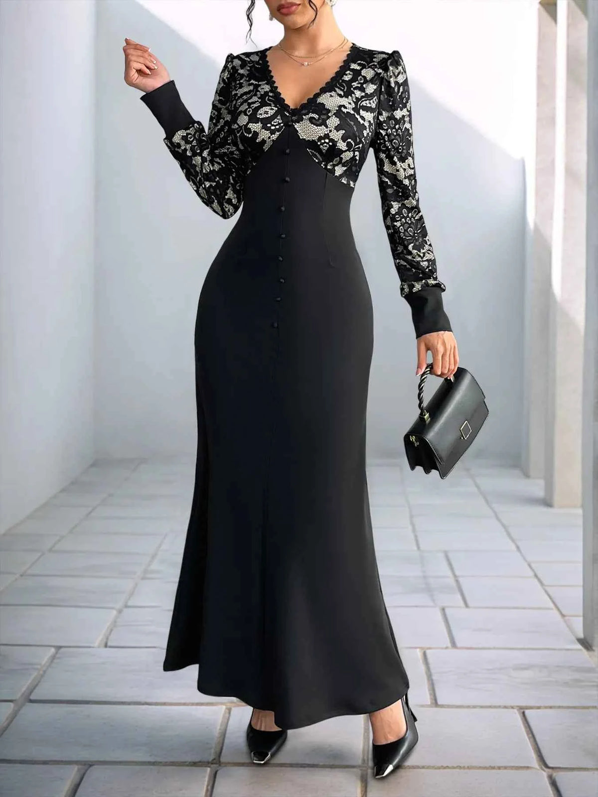 Lace V-Neck Long Sleeve Maxi Dress