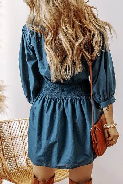 Smocked Half Button Three-Quarter Sleeve Mini Dress for a perfect OOTD – dress to impress outfits from Amexza
